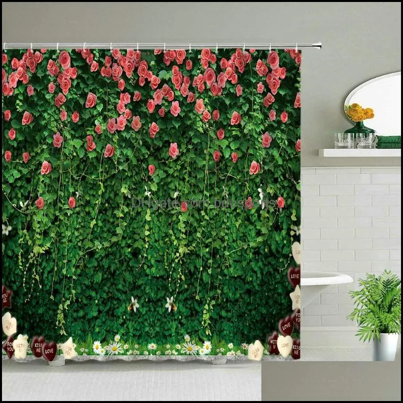 Green Tropical Plant Shower Curtains Spring Leaves Bathroom Decor Waterproof Bath Curtain 3d Printing Polyester Cloth With Hooks