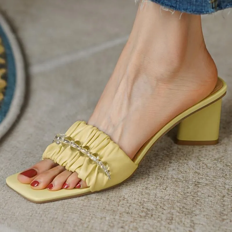 Sandalet Kadınlar Orijinal Deri Pileli Açık Ayak Parça Yaz Kalın Yüksek Topuk Slaytlar Boncuk Dekorasyon Zarif Bayanlar Günlük Sandalssan