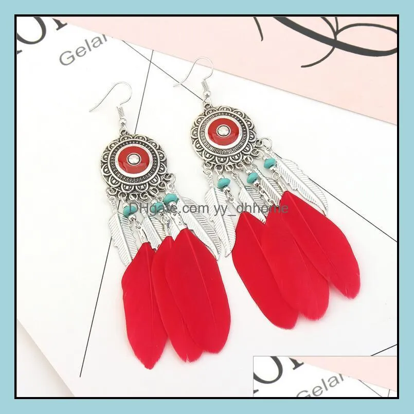 feather dangle earrings for women vintage tassel long bohemia ethnic customs earrings fashion jewelry accessories wholesale - 0791wh