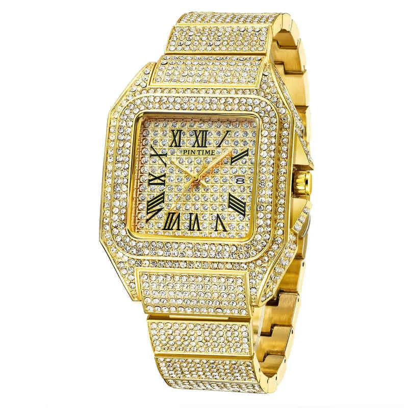 Wristwatches 18K Gold Men Big Dial Bling Diamond Watch Full Iced Out Square Quartz Watches Hip Hop Shinning Gift Wristwatch 220602