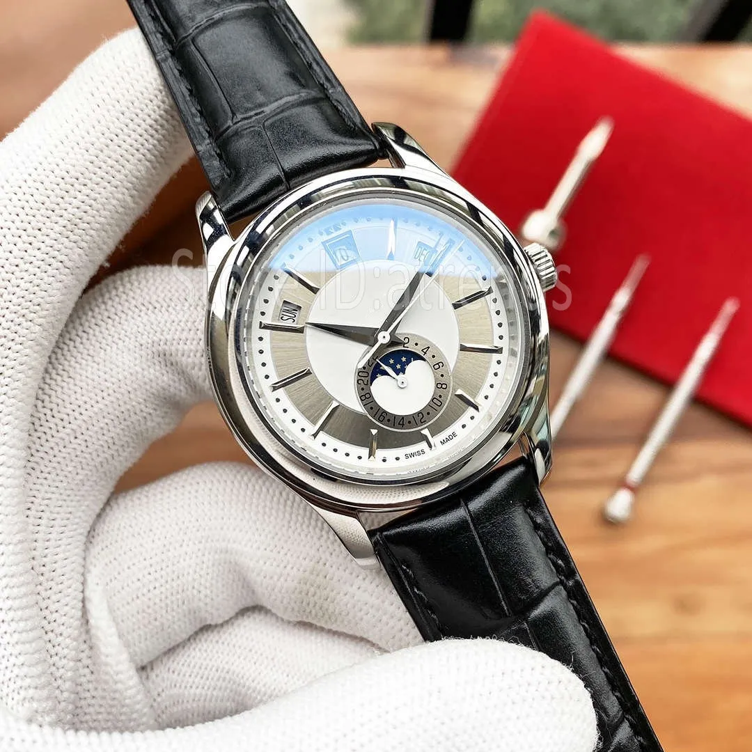 Top Stylish Automatic Mechanical Self Winding Watch Men Gold Silver Dial Classic Moon Phase Date Day Design Wristwatch Business Leather Strap Clock F