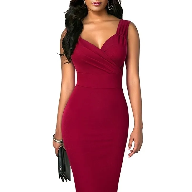 Nice-forever Summer Women Solid Color Sexy Deep V Elegant Dresses Cocktail Wedding Party Vintage Bodycon Sheath Dress B669 220509