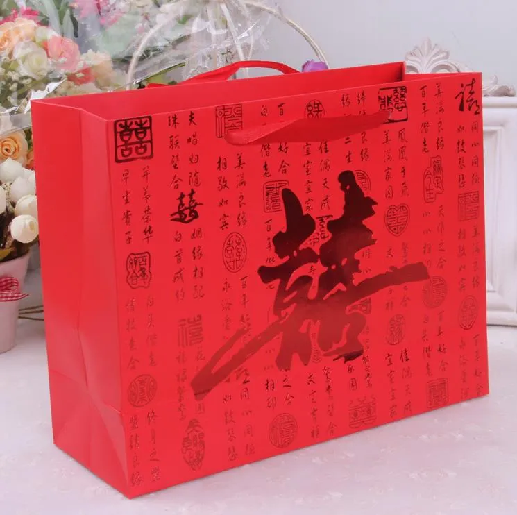 Gift Wrap Chinese Traditional Red Double Happiness Wedding Paper Bag With Handle Package Candy Bags 25x9.4x19cm 100pcs SN4067