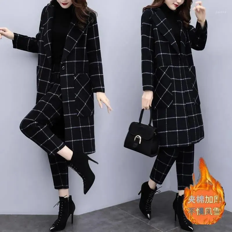 Women's Two Piece Pants 2022 Autumn And Winter Plus Size 4XLTwo-Piece Sets Plaid Woolen Coat Ankle-Length Casual Fashion Suit Women