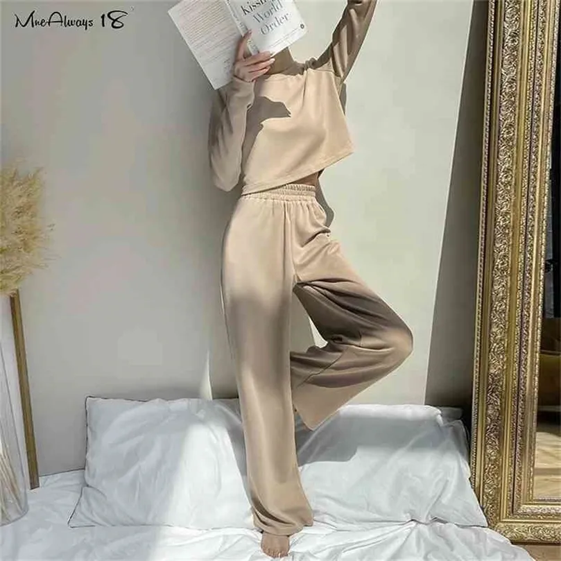 Mnealways18 Khaki Casual 2 Piece Set Knitted Women Tracksuit O-Neck T-Shirt And Wide Leg Pants Suits Female Autumn Outfits 210331