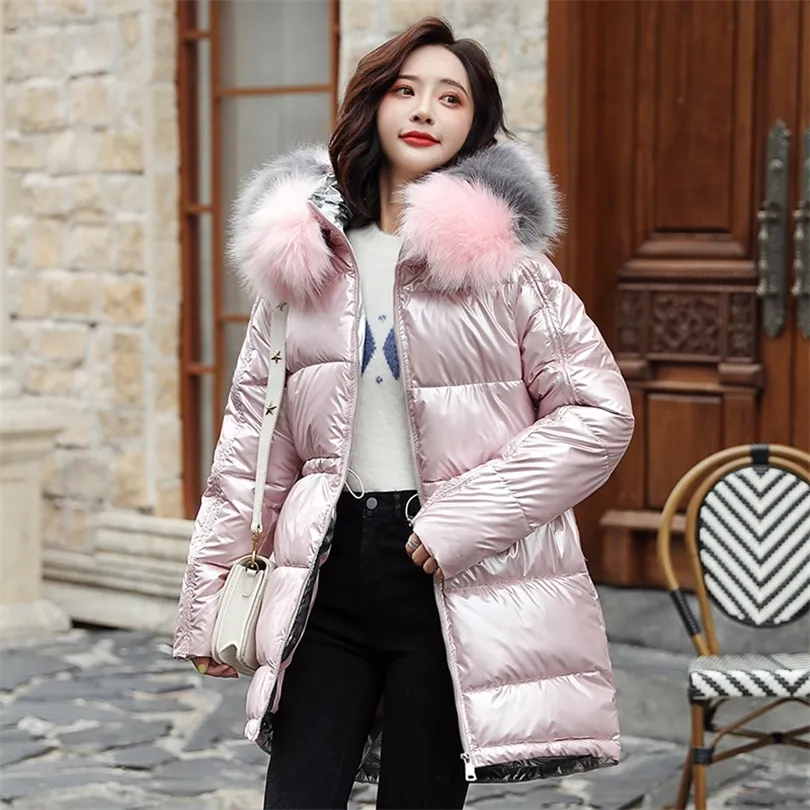 Manteau long bouffant pour femme solide veste d'hiver décontractée femme à capuche avec col en fourrure brillant coton rembourré plus taille épaisse Parkas 201019