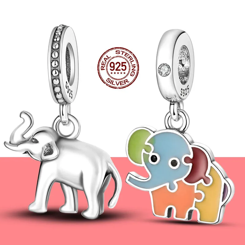 Perline pendenti in argento sterling 925 con ciondolo a forma di elefante animale, perline adatte a braccialetti Pandora, accessori per gioielli fai da te