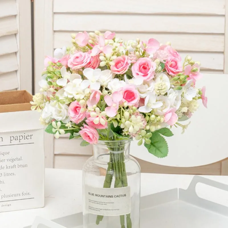 장식용 꽃 화환 아름다운 분홍색 실크 인공 장미 작은 꽃다발 웨딩 홈 파티 DIY 장식 가짜 꽃 흰색 테이블 arr