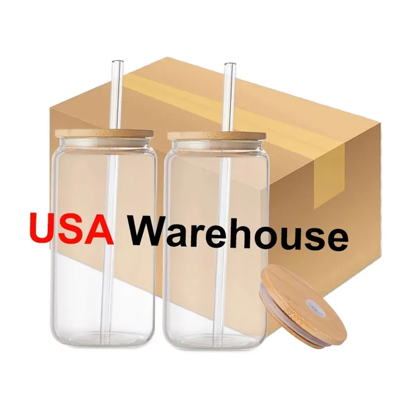 USA/CA Warehouse 16oz20oz Cup Clear Frosted Sublimation Blanks Beer Glass Tumbler Soda Can على شكل أكواب قهوة مثلج مع أغطية الخيزران