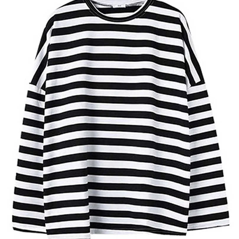 Oversized T Shirt Vår Höst Kvinnor Harajuku Striped T-shirt Koreansk Casual Full Sleeve O-Neck T-shirts Ulzzang Femme Black Top 220407
