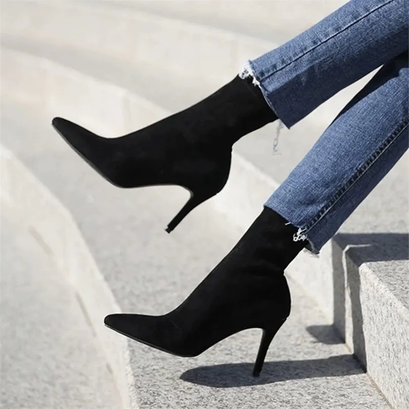 New Autumn and Winter High Heel Womens Shoes Pointed Toe Stiletto Boots Black Stretch Thin Socks Boots Marti Boots Sexy 201031