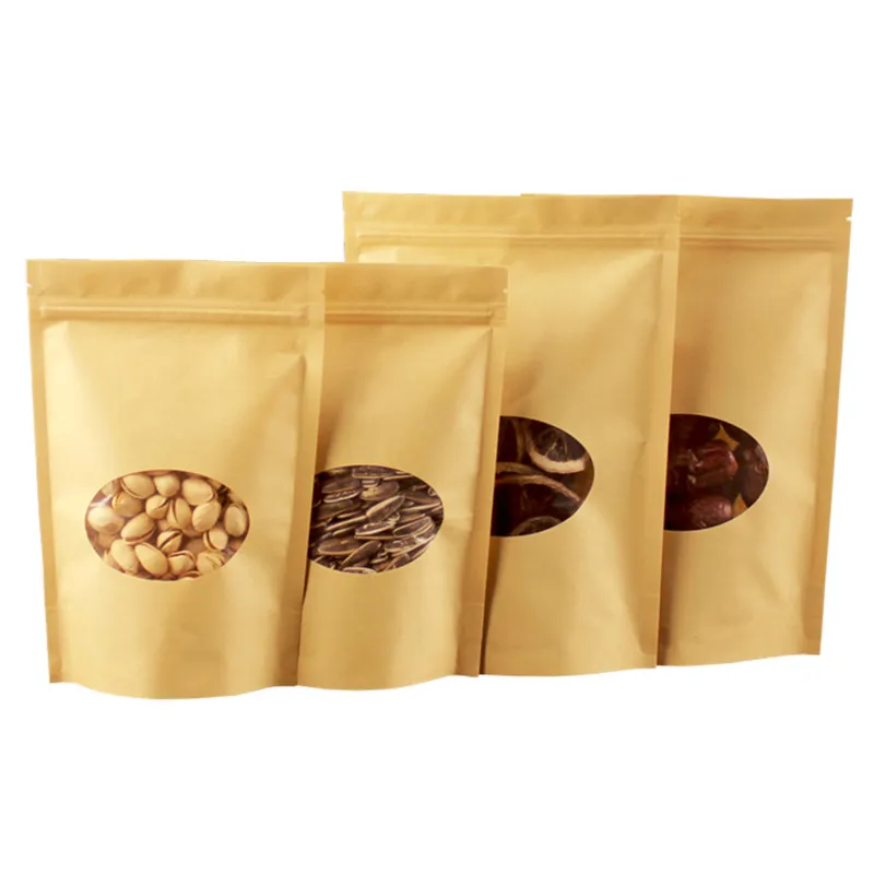 100 stks Dikke Stand Up Kraft Paper Clear Oval Venster Zip Lock Bag Resealable Coffee Powder Snack Granen Snoep Bakkerij Sugar Geschenken Verpakking Opslagzakken