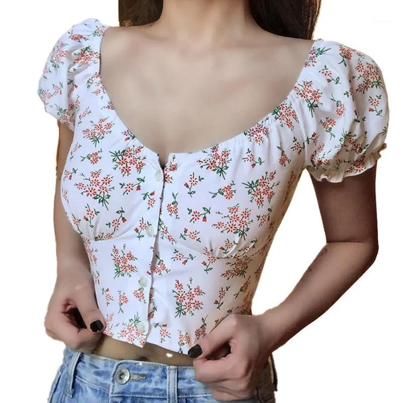 Vrouwen bijgesneden Top Knoppen Shirt Bloem Gedrukt Ronde hals Korte Puff Sleeve 2022 Zomer Cardiganf voor Dating Winkelen Gift Dames T-shirt