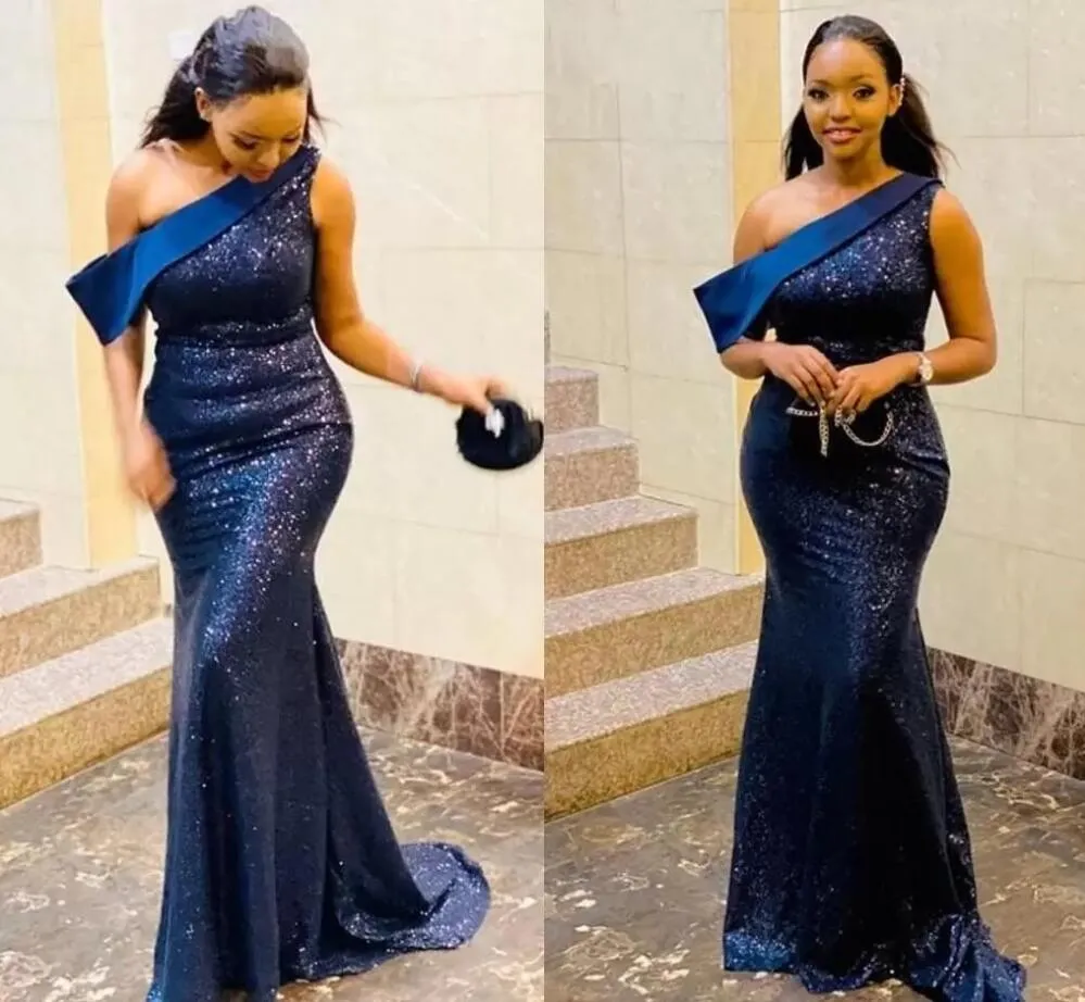 HOT! Sparkle Navy Blue Mermaid Evening Dresses One Shoulder Sweep Train Sequined Women Formal Prom Party Gowns Special Occasion Gown Vestidos de Fiesta
