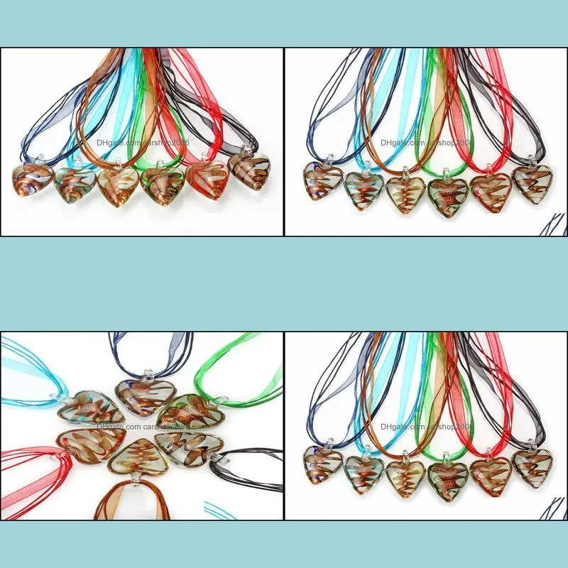 fashion wholesale 6pcs necklaces handmade murano lampwork glass mixed color heart gold dust pendants silk cords necklace