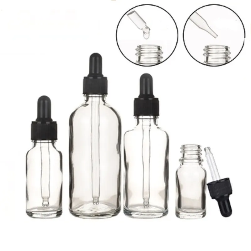 Confezione vuota Bottiglia di vetro trasparente Spalla rotonda Anello nero Parte superiore nera Fiale di olio essenziale Contenitore cosmetico ricaricabile portatile 5 ml 10 ml 15 ml 20 ml 30 ml 50 ml 100 ml