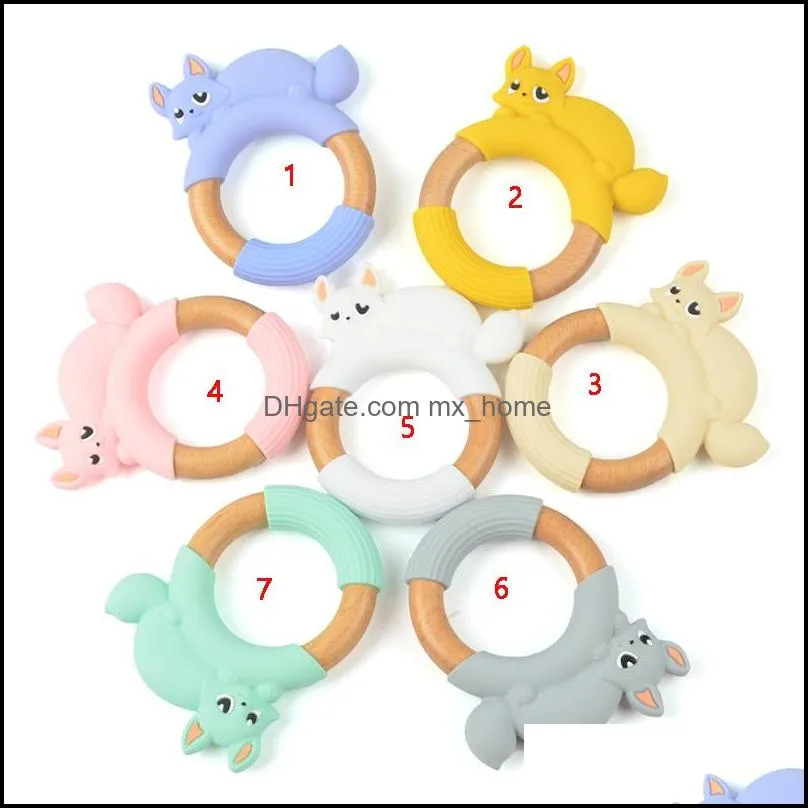 fox silicone teether and wood teething ring baby chewable toys wooden ring food grade silica gel soother infant gifts z5731