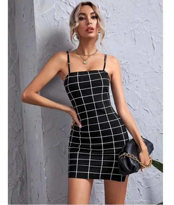 Retro Plaid Sexy Spaghetti Strap Bodycon Mini Dresses Women Casual