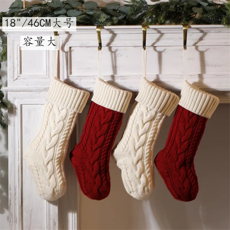 Christmas Stockings Large 18 Inches White Red Green Classic Knitted Xmas Stockings Home Decoration