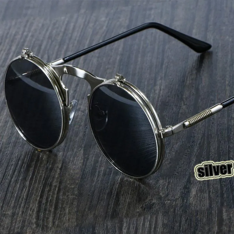 선글라스 Steampunk 라운드 여성 남성 금속 빈티지 Filp 원형 이중 렌즈 태양 안경 스타일 원형 음영 Gafas De Sol UV400Sunglasses