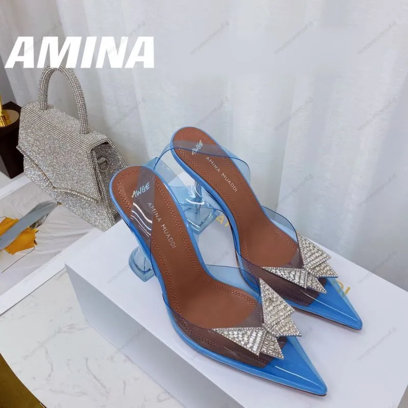 Lüks Tasarımcı Amina Muaddi sandalet Yeni şeffaf Begüm Cam Pvc Kristal Şeffaf Arkası Açık Topuklu Sandalet Topuk Pompaları 100mm Mavi kristal süslemeli ayakkabı pompaları