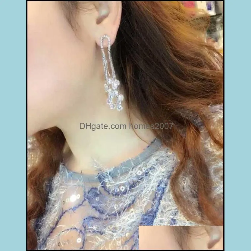 Long Exaggerated Tassel Earrings Women Party Wedding Jewelry Sparkling Clea Rhinestone s925 Silver Earrings free shipping