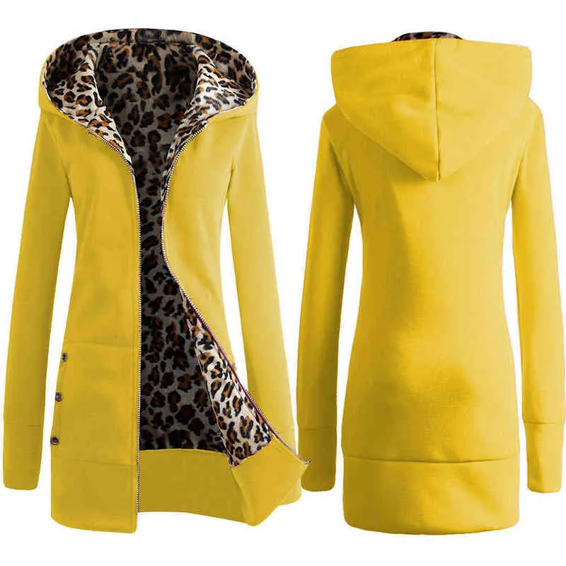 Autumn Winter Fashion Women Worked Hooded Leopard Print Jacket Long Lady Lady Manga Longa Amarelo Red Black sobretudo Outwear L220706