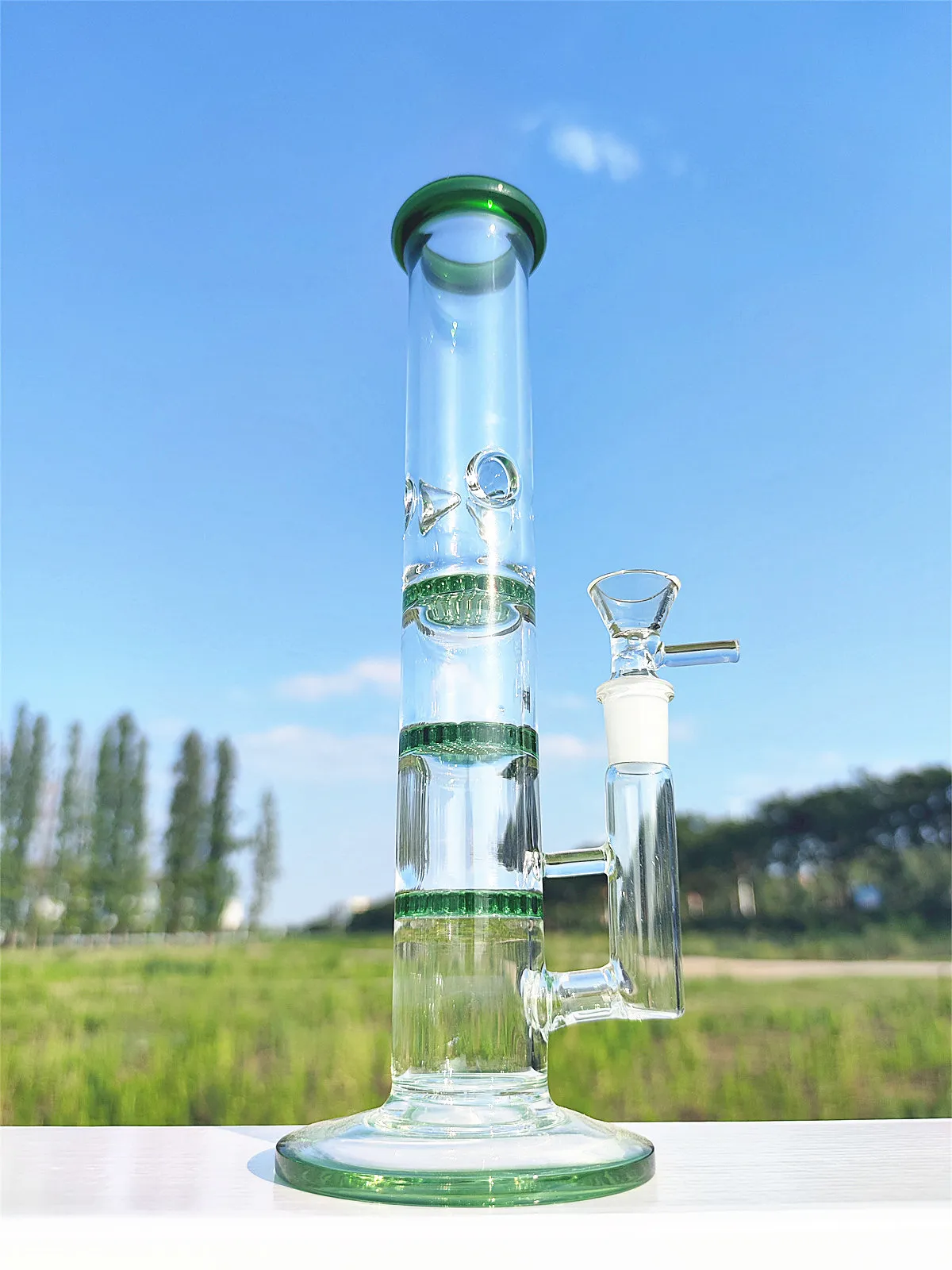 10 Inch 26CM Straight Heady Bong Three Layers Filter Green Glass Bongs With Top Spinal Filter Water Pipe Hookah Local Warehouse