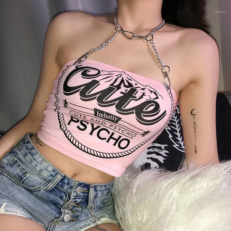 Women's T-Shirt Pink Chain Crop Tops Punk Y2K Streetwear Baby Tee Shirt For Women Tees Female 2022 Summer Top T Harajuku Vintage