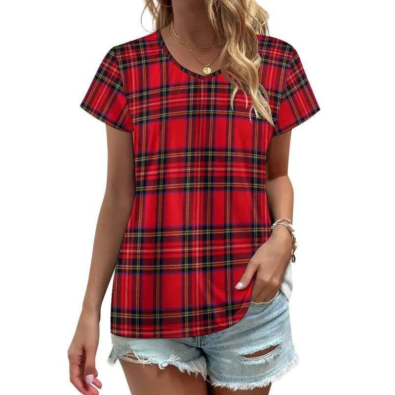 Women's T-Shirt Red Black Plaid Vintage Royal Tartan Oversized T-Shirts Short Sleeve V Neck Streetwear Tees Beach Print ClothingWomen's