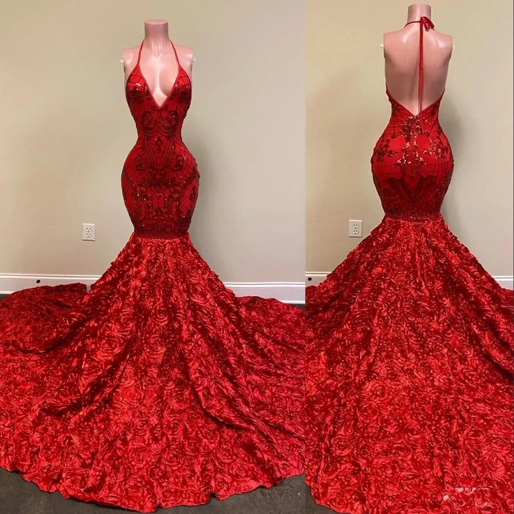 Red Sequin Halter Red Fishtail Prom Dress With Backless Design Deep V Neck Lace Appliques And Rose Ruffles Perfect For Special Occasions And Evening Parties In 2022 From Crystalxubridal 143.03 DHgate....