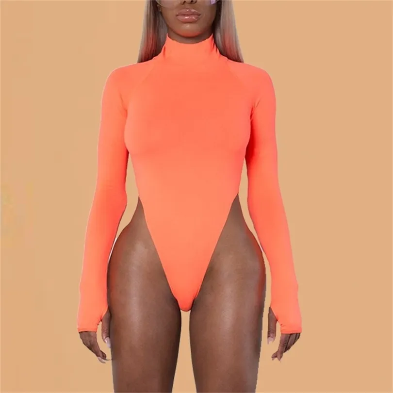 Sexy col roulé noir body Stretch string body à manches longues femmes barboteuse moulante combinaison haute coupe vert Orange body