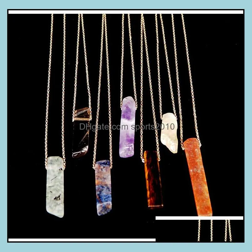 100pcs natural stone strip bar necklace rose red blue amethyst crystal green aventurine rectangle stainless steel necklace sports2010