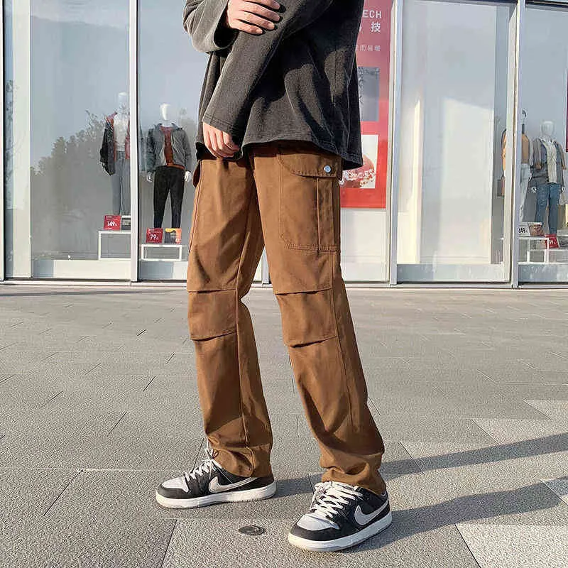 Katoenen pocket lading broek mannen mode bruin zwart wit casual streetwear los hiphop recht j220629
