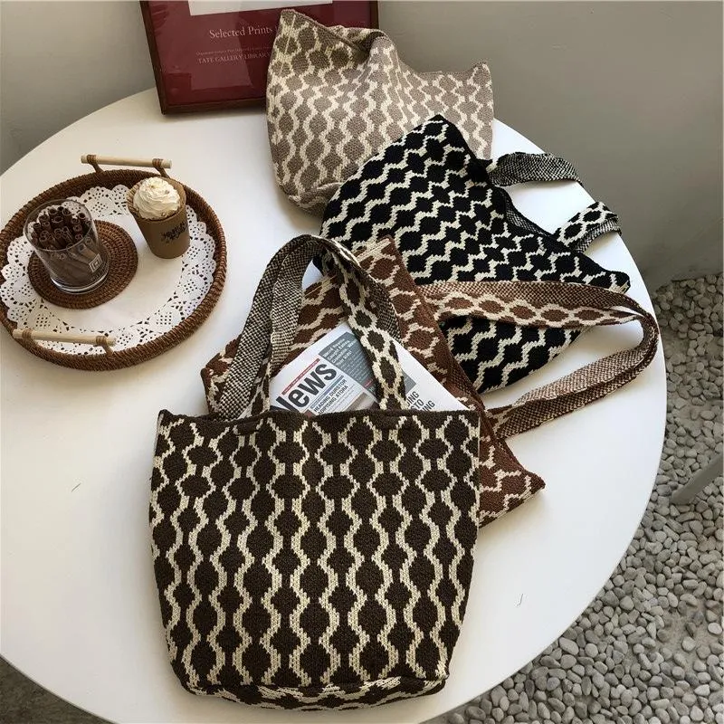 Evening Bags Tote Bag For Women Checkerboard Knit Woven Shoulder Fashion Ladies Plaid Large-capacity Handbags Top-Handle 2022Evening