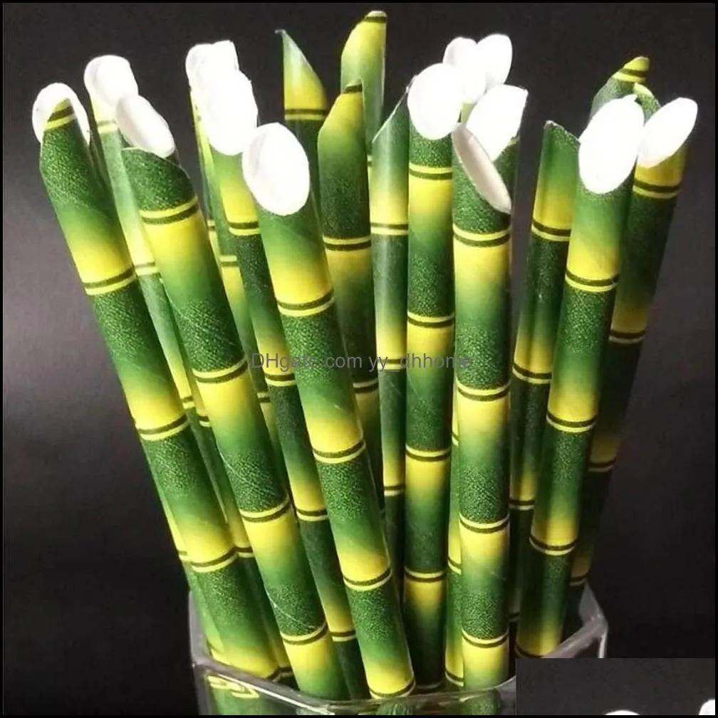 paper straws green brown bamboo pattern birthday drinking straw disposable party tableware home kitchen supplies wll235