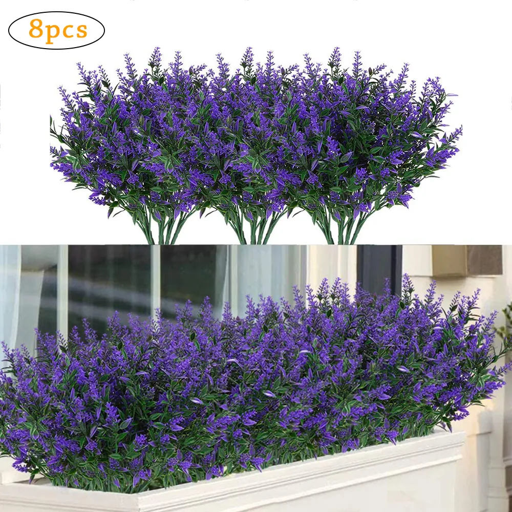 8 fasci di foglie di plastica di lavanda finta, fiori artificiali, verde domestico per interni ed esterni, giardino, cortile, decorazioni di nozze, Natale