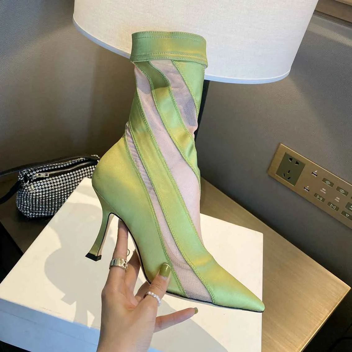 2022 TopSelling Famous brand women`s Designer Half Boots girl summer Classic luxury 10.5cm high-heel boot fashionable versatile breathable elastic mesh shoes