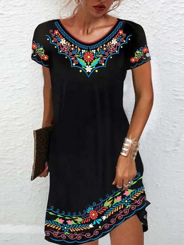 Casual Dresses Short Sleeve A-Line Party Dress Summer Women Sexy V-Neck Loose Straight Vintage Ethnic Pattern Print Mini