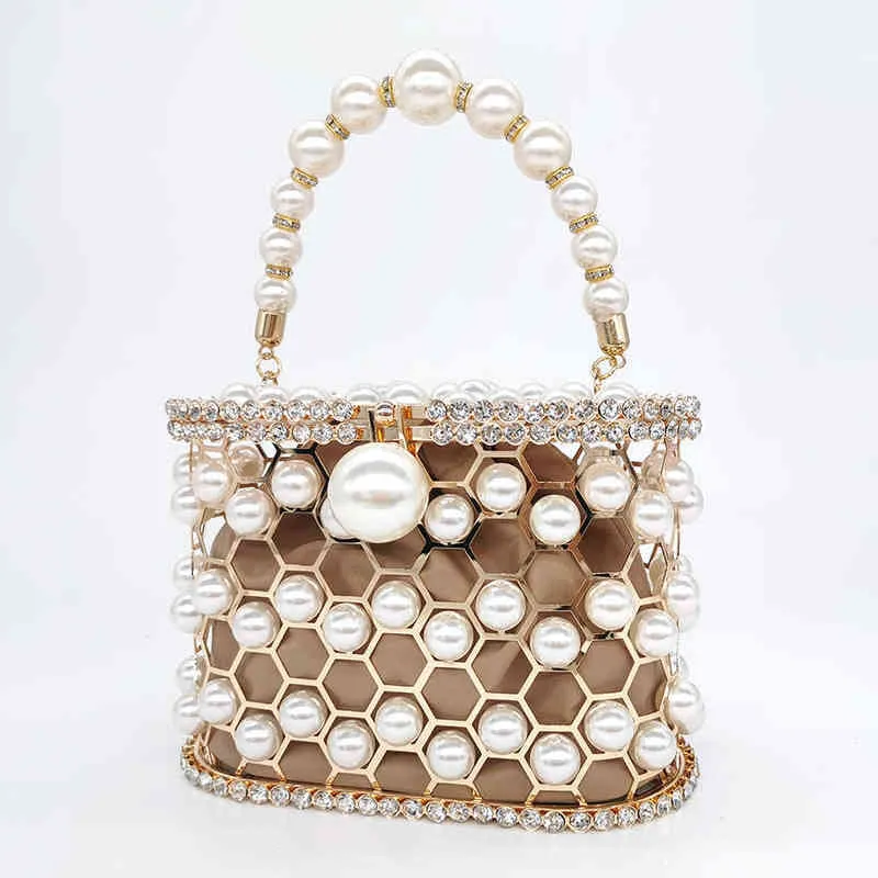 Evening Bag Beaded Pearl Clutch Handbag Women 2022 Rhinestone Metal Honeycomb Purse Ladie Wedding Bag Design Luxury 220622