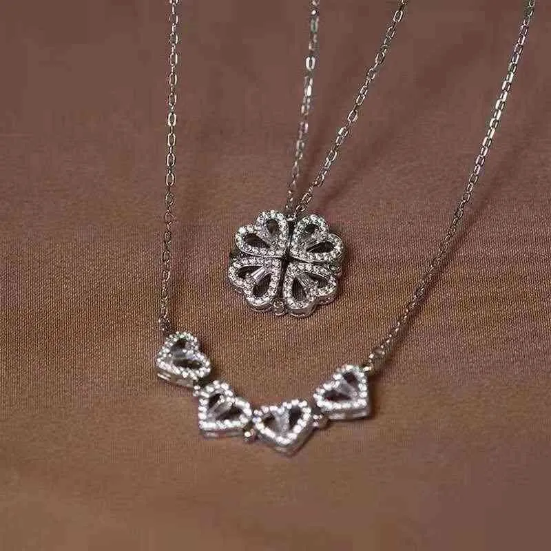 2022 mode dubbele diamant inlay hart 18k goud vergulde delicate glans vier blad klaver ketting voor vrouwen
