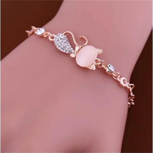 Lovely Cat Pendant Women Ladies Opal Rhinestone Bangle Armband Chain Jewelry GC1281