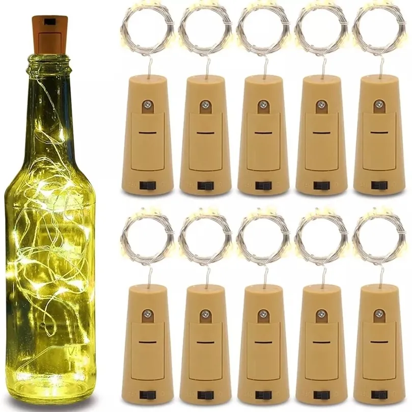 10pcs comprend batterie LED bouteille de vin chaîne lumière fil de cuivre fée lumières bricolage liège lumière pour anniversaire mariage décor de noël 220408