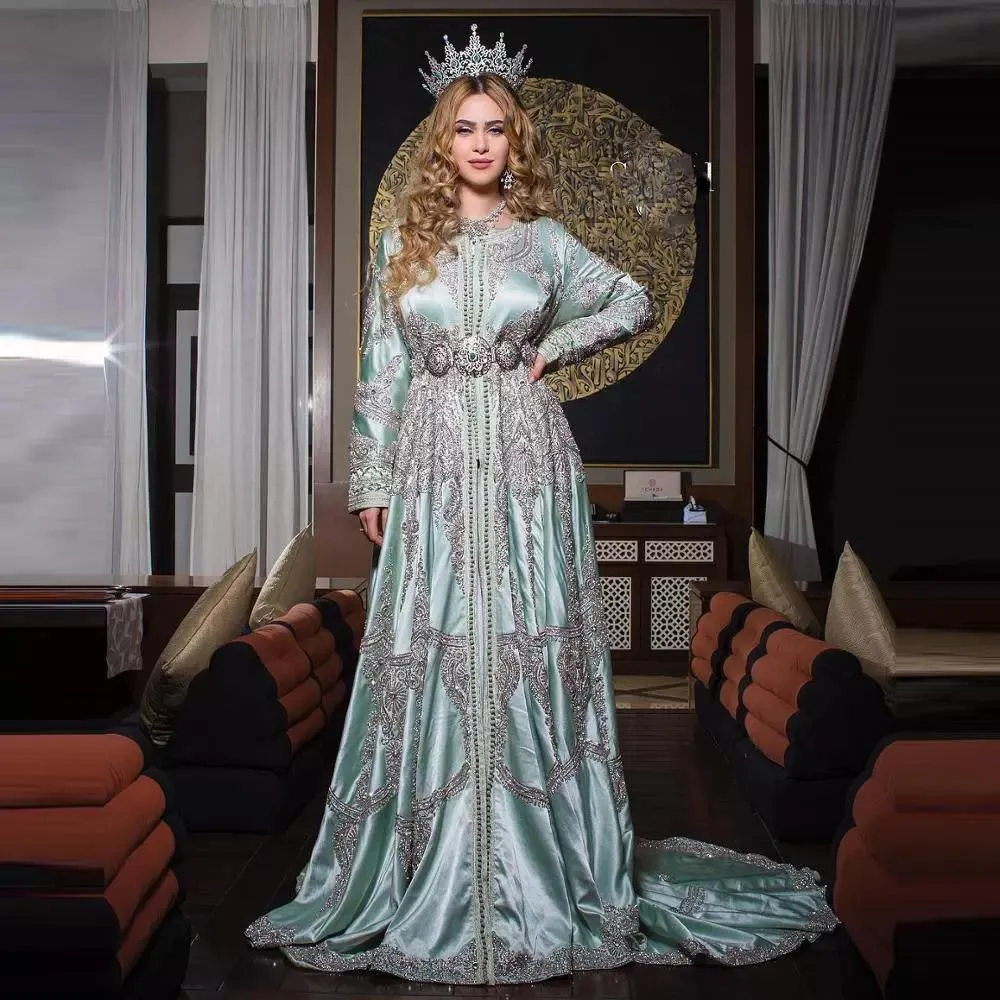 Марокканский кафтан CAFTAN CAFTAN Мусульманские вечерние платья Мята Зеленый с длинным рукавом Аппликации Бисероплетение Дубай Арабский Турция Абая исламские выпускные платья