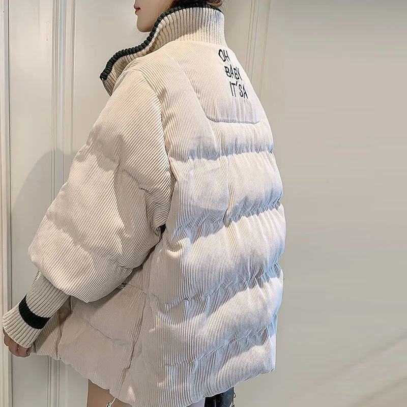Cordjacke Lose Damen Streetwear Baumwolle Gepolsterter Warmer Mantel Weißer Wintermantel 201029
