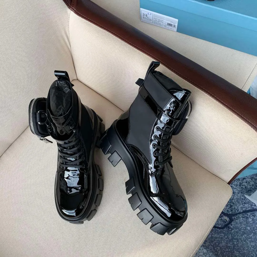 Monolith Patent Leather Nylon Pouch Ankle Combat Boots Platform Wedges Lace-Up Round Teen Block Heels Flat Booties Dikke luxe ontwerper voor damesfabriek schoenen