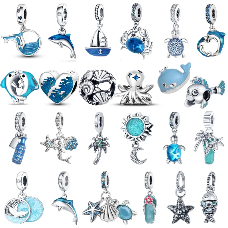 925 Mertes de charme de prata Dangle Ocean Blue Sea Turtle Fit Pandora Charms Bracelet Acessórios de jóias DIY
