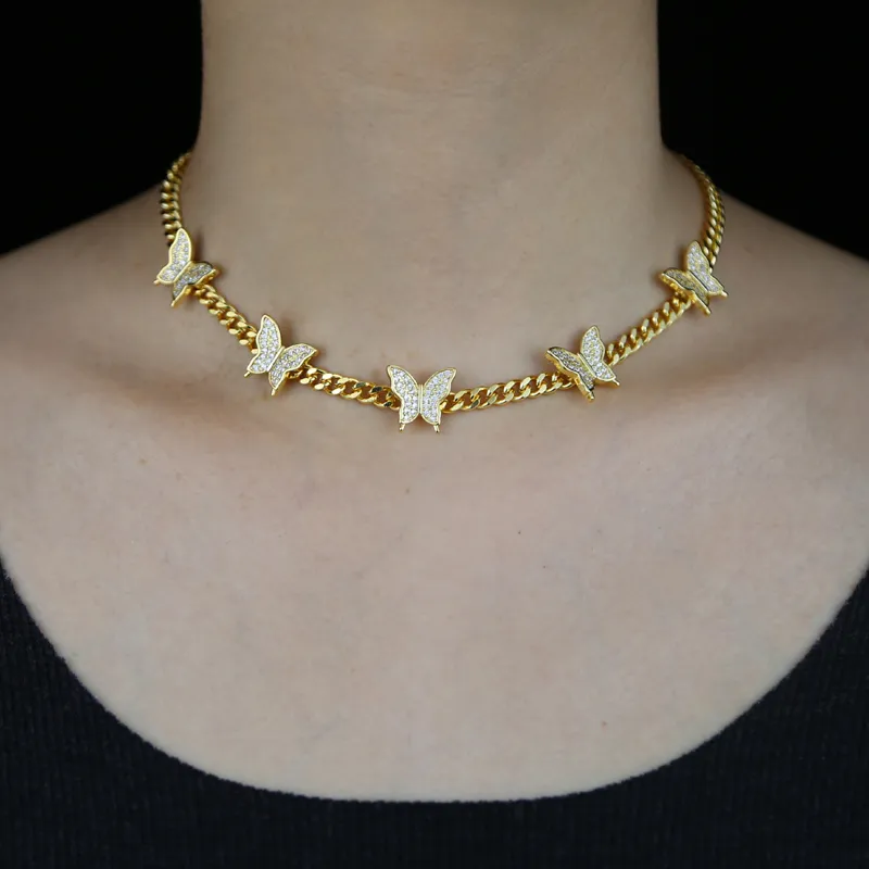 Multi CZ Butterfly Charm Link Chain Choker Halsband Pläterad Gold Silver High Polish 5mm Cuban Chain New Jewelry for Women Statement Halsband Gift