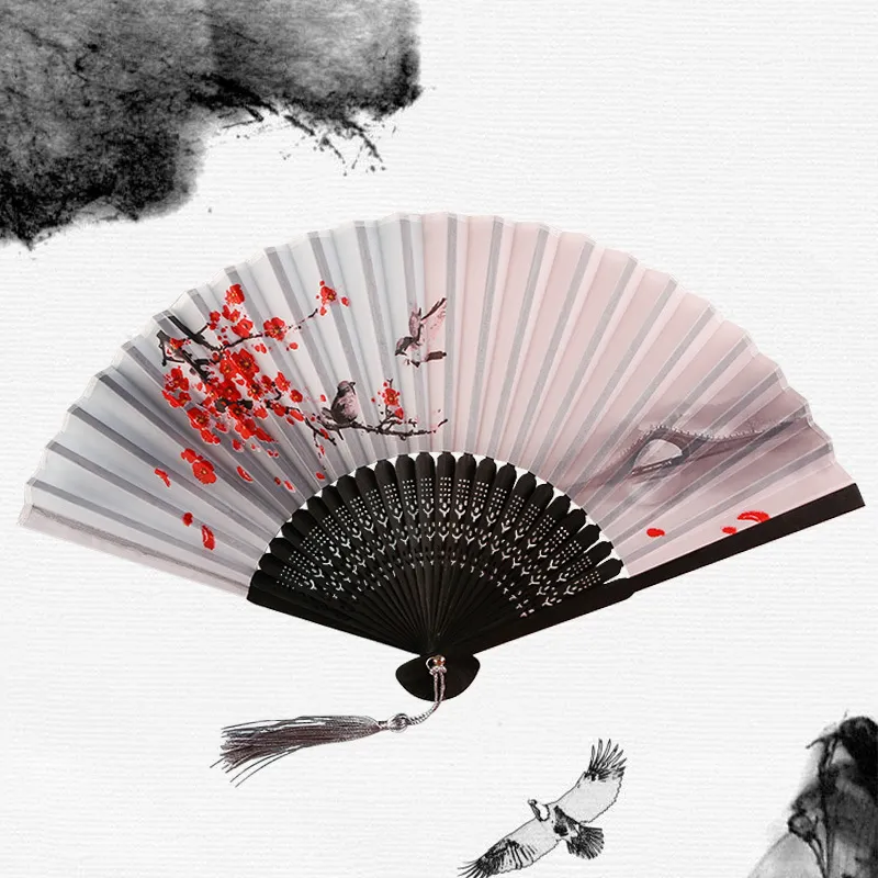 Fã de seda japonesa chinesa Fã de madeira Handheld Fan Chinese dobrou Fan com borla para a festa da parede da casa de dança decoração de parede