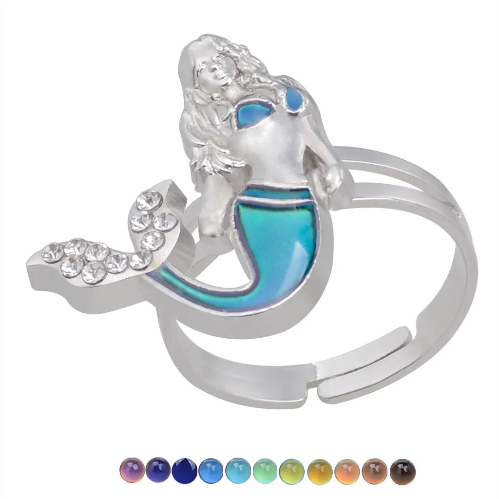 Fashion Women Bohemian Diamond Caribbean Mermaid Ring Temperature-Sensitive Mood Color Changing Wholesale